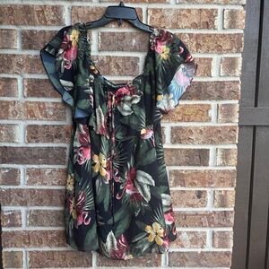 Sam Edelman Black Floral tropical paradise print Off-Shoulder Ruffle Tunic top